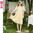 中裙家居服 芬腾睡裙女夏季 薄款 梭织棉短袖 睡衣裙碎花休闲宽松大码
