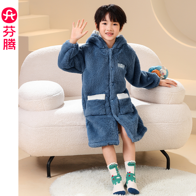 芬腾男童睡袍秋冬新款连帽睡衣
