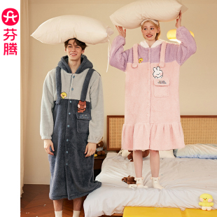 芬腾布朗熊情侣睡袍秋冬抗静电珊瑚绒连帽睡衣男女加绒加厚家居服