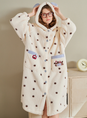 芬腾珊瑚绒连帽睡袍女加绒加厚睡衣女款秋冬季抗静电法兰绒家居服