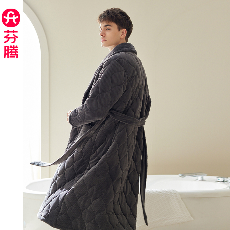 芬腾三层加厚夹棉抗静电睡袍男