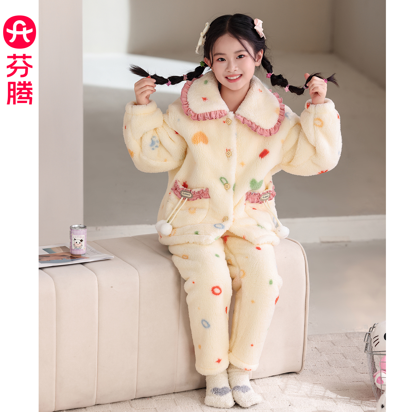 芬腾女童睡衣秋冬季珊瑚绒亲子套装儿童中大童加绒加厚母女家居服