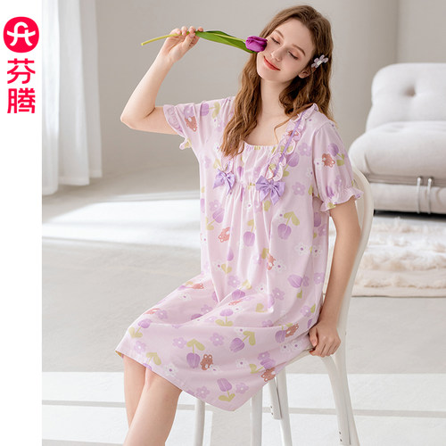 芬腾女士睡裙夏季纯棉短袖睡衣裙