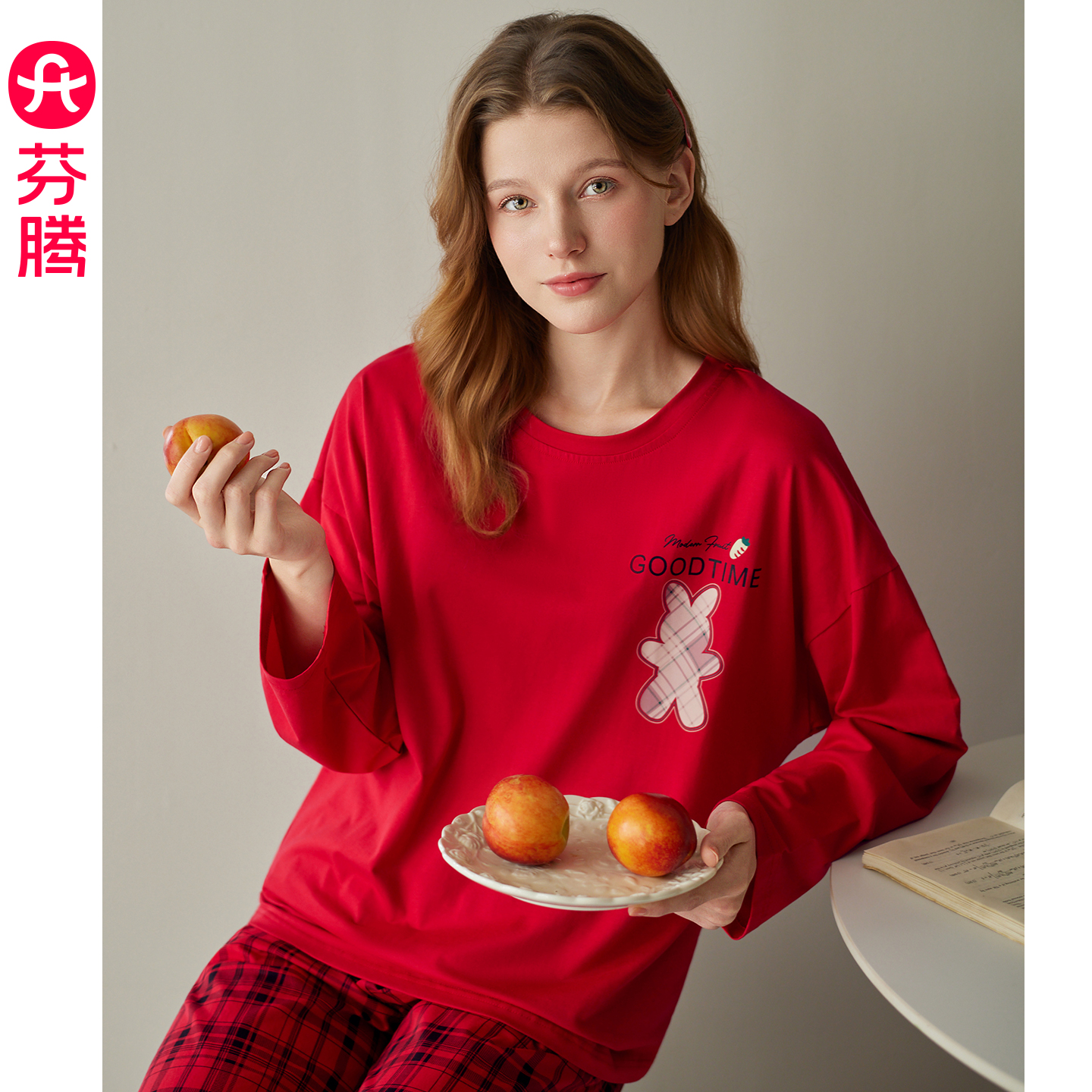 芬腾女士睡衣纯棉红色长袖家居服