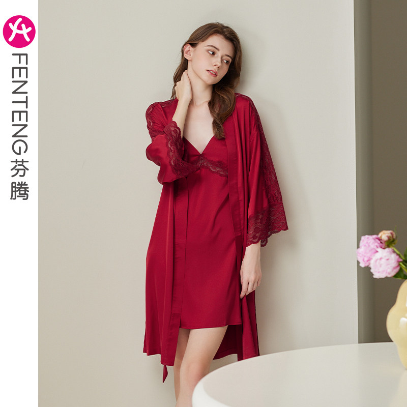 芬腾晨袍睡衣女士夏季冰丝睡袍春秋红色结婚本命年吊带睡裙两件套