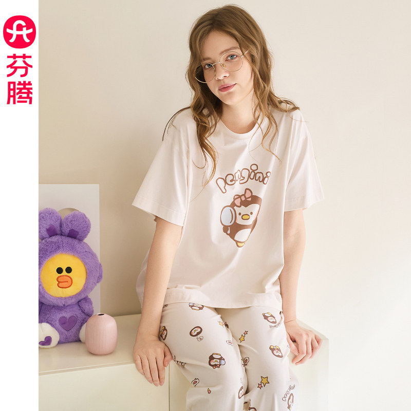 芬腾纯棉女士短袖睡衣女夏季薄款套头卡通可爱休闲宽松布朗熊套装