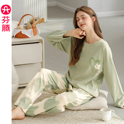 芬腾纯棉春秋季女士睡衣长袖套头套装可爱宽松休闲大码全棉家居服