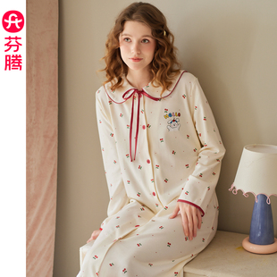 芬腾女士睡裙春秋季 可外穿家居服 纯棉长袖 睡衣裙少女甜美休闲大码