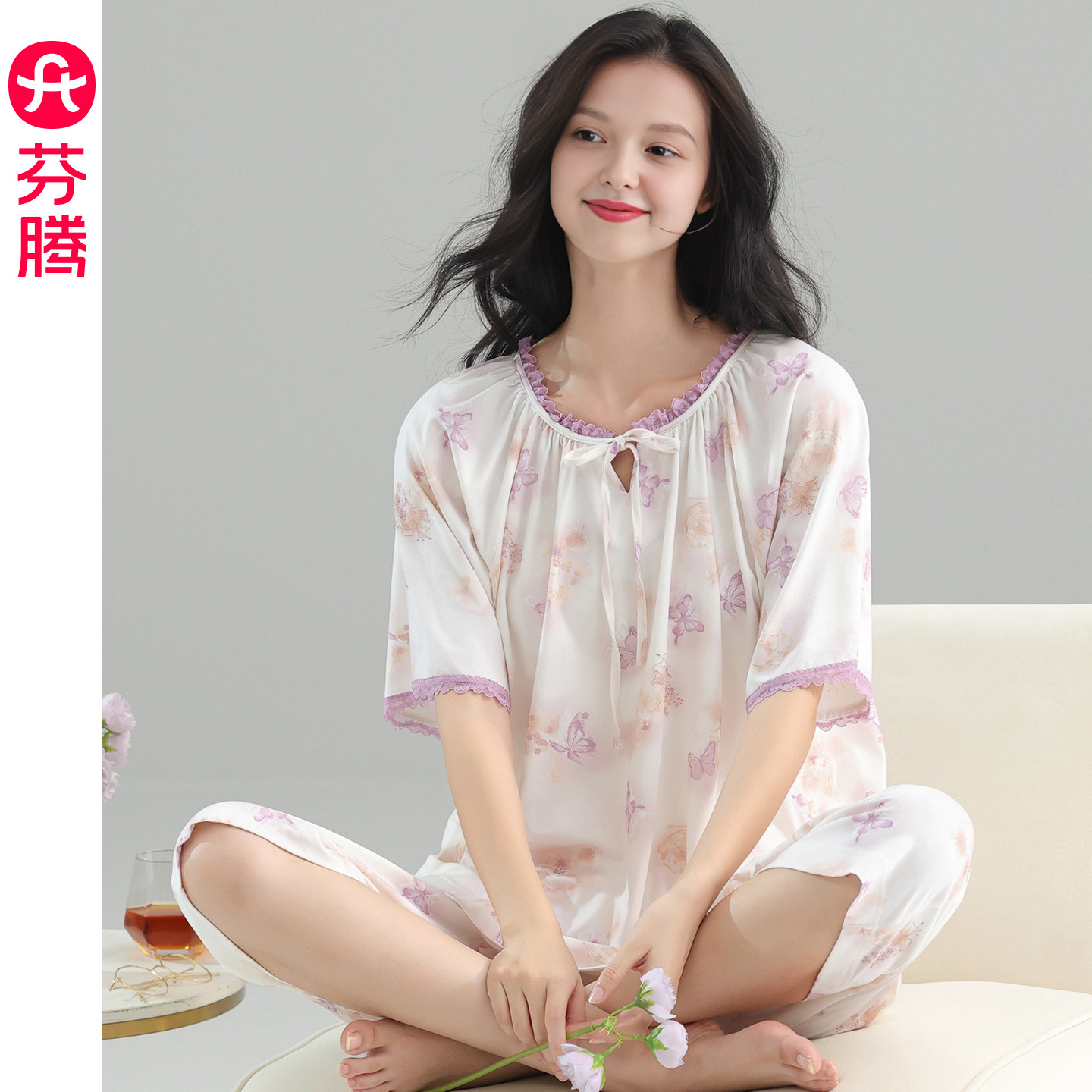 芬腾女士短袖七分裤夏季薄款舒适纯棉睡衣甜美蕾丝宽松家居服套装