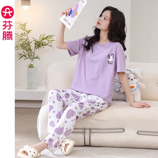 女款 芬腾女士睡衣夏季 透气套装 纯棉薄款 全棉可爱休闲家居服 短袖