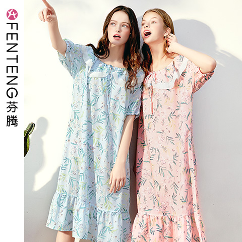 芬腾夏季新款短袖女士睡裙韩版宽松薄款睡衣梭织纯棉家居服中长裙券后119.00元