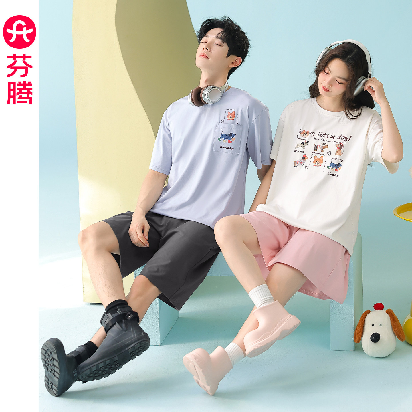 芬腾纯棉情侣短袖短裤睡衣女夏季休闲宽松全棉套头家居服男士套装