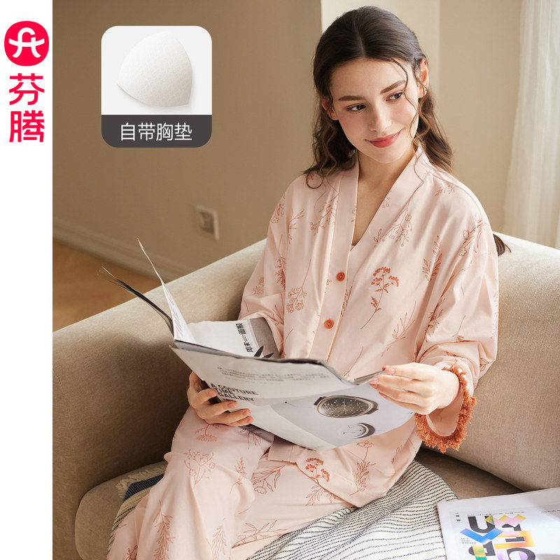 芬腾纯棉长袖睡衣女开衫春秋季带胸垫宽松大码女款全棉家居服套装