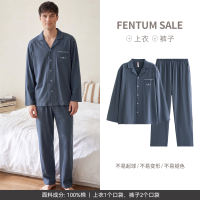Fenteng men's pajamas Spring and Autumn thin pure cotton long-sleeved set, large-sized casual loose men's all-cotton home wear thumbnail 6