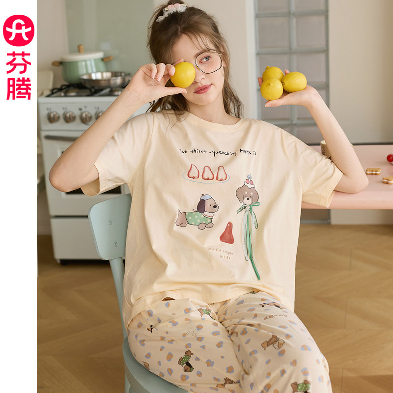 芬腾纯棉女士短袖睡衣夏季套头薄款休闲宽松大码女家居服卡通套装