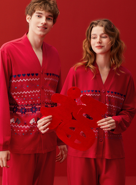 芬腾情侣睡衣春秋季纯棉长袖抗菌套装男女士结婚红色本命年家居服