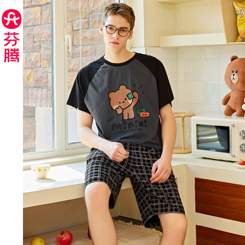 芬腾布朗熊男士睡衣夏季纯棉短袖