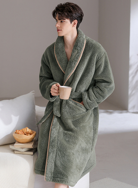 芬腾男士睡袍秋冬季珊瑚绒睡衣加厚加绒男款法兰绒保暖家居服浴袍