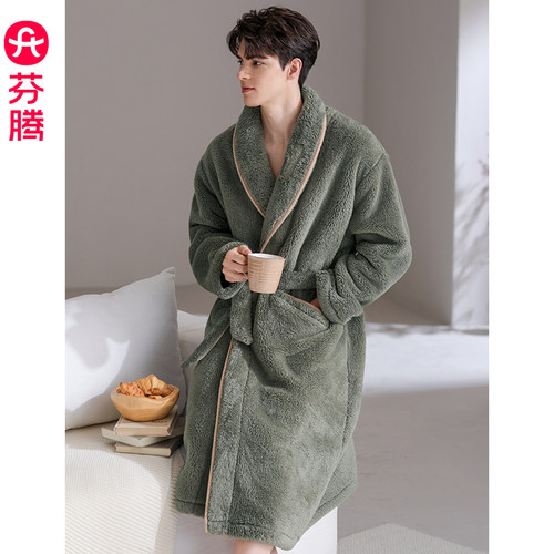芬腾男士睡袍秋冬季珊瑚绒睡衣
