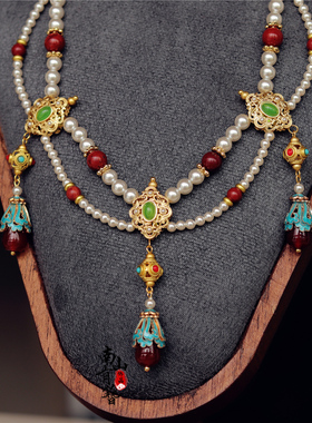 古风珍珠战国红流苏项链唐敦煌轻奢多层软璎珞新中式国风汉服配饰