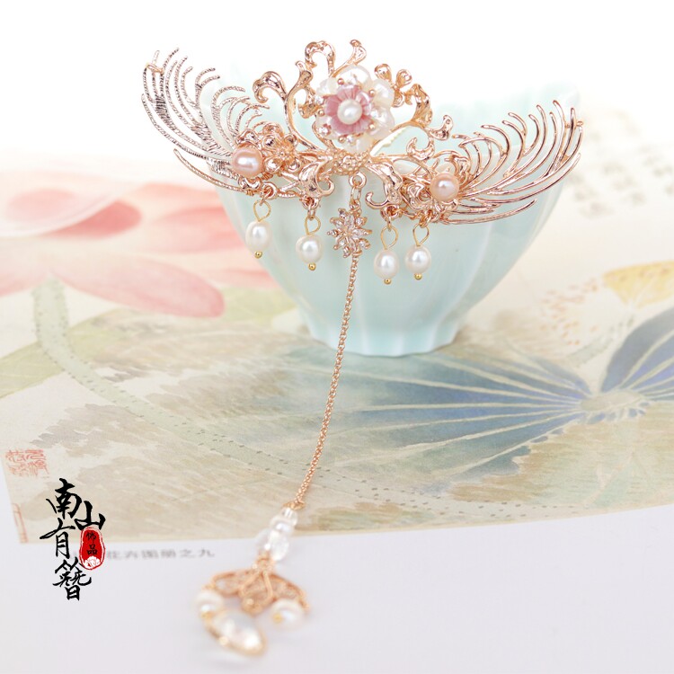 南簪录汉服头饰流苏珍珠眉心坠花钿古风发饰仙百搭发冠女宋制额饰