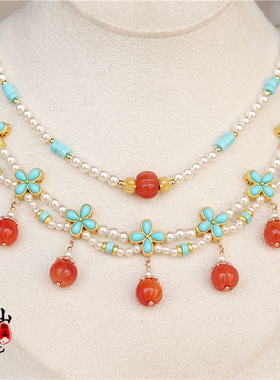 原创中式南瓜蓝松石双层项链璎珞