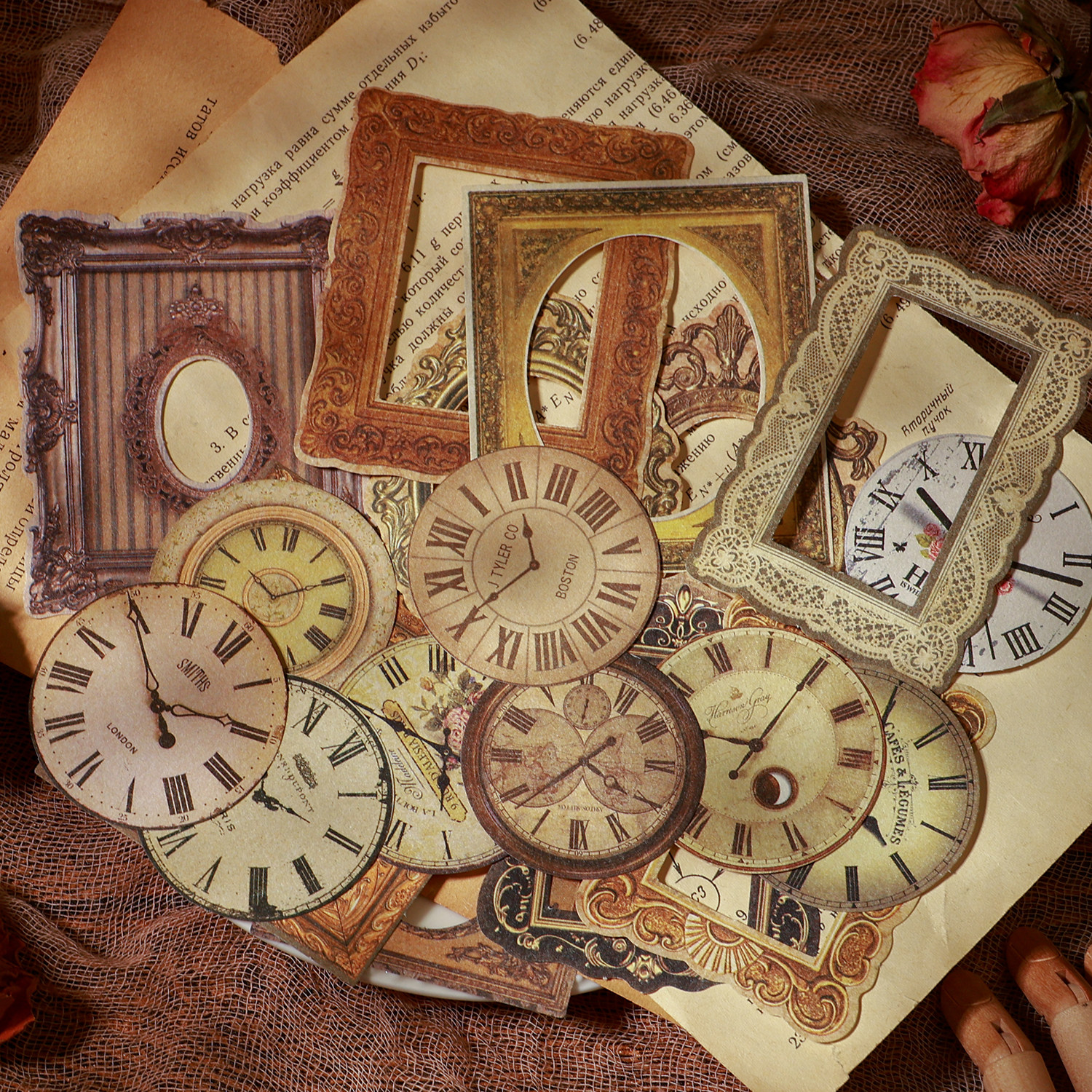 欧式复古镂空花边框镜框素材纸 时针钟表图案手帐拼贴装饰打底纸