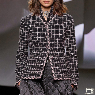女士小香外套黑格子粉线条时尚花边女春秋外套手工制作收腰版型