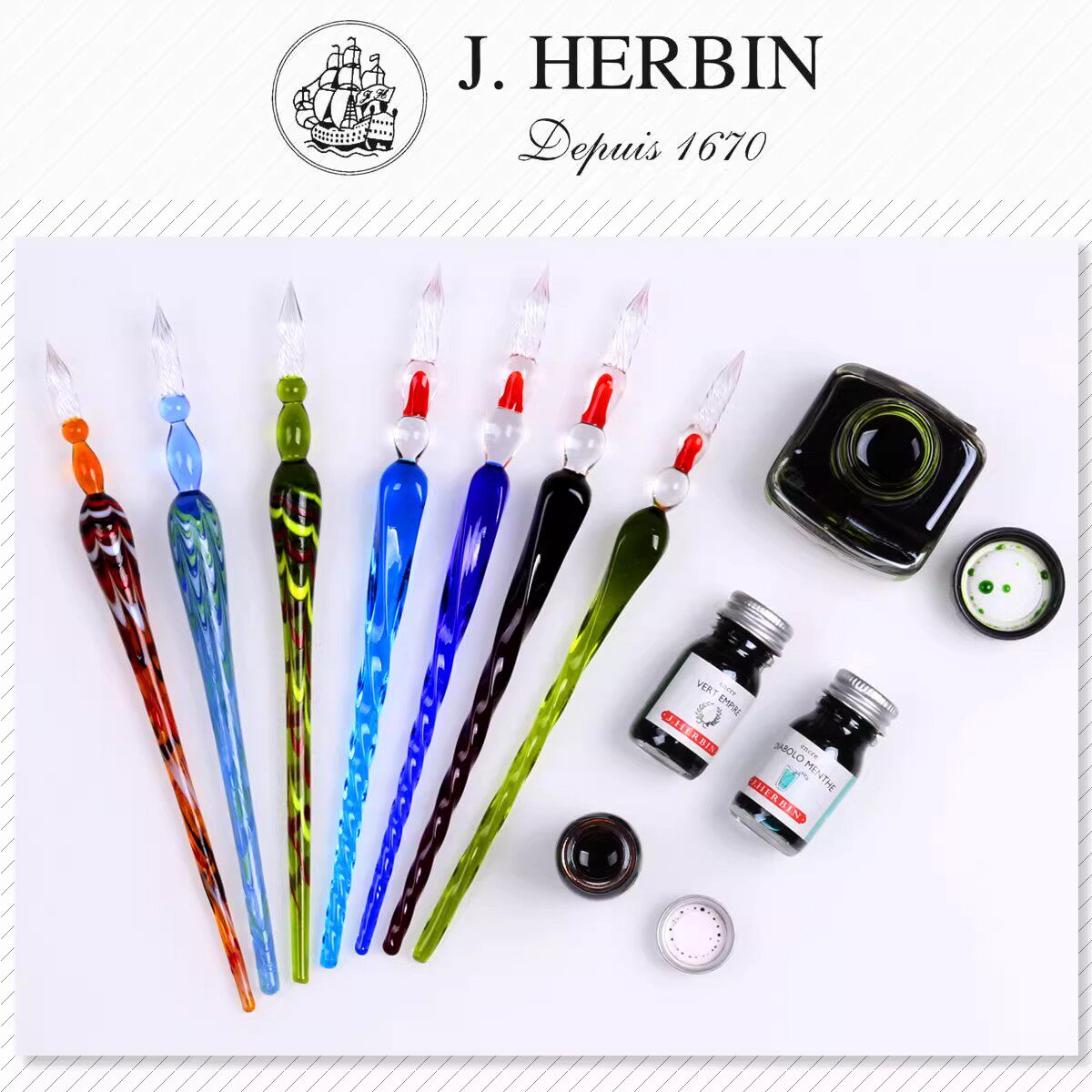 【特价捡漏】法国J.herbin简赫本进口手工玻璃蘸水笔花体英文书法笔签字笔创意礼品螺纹笔身笔头彩色沾水笔