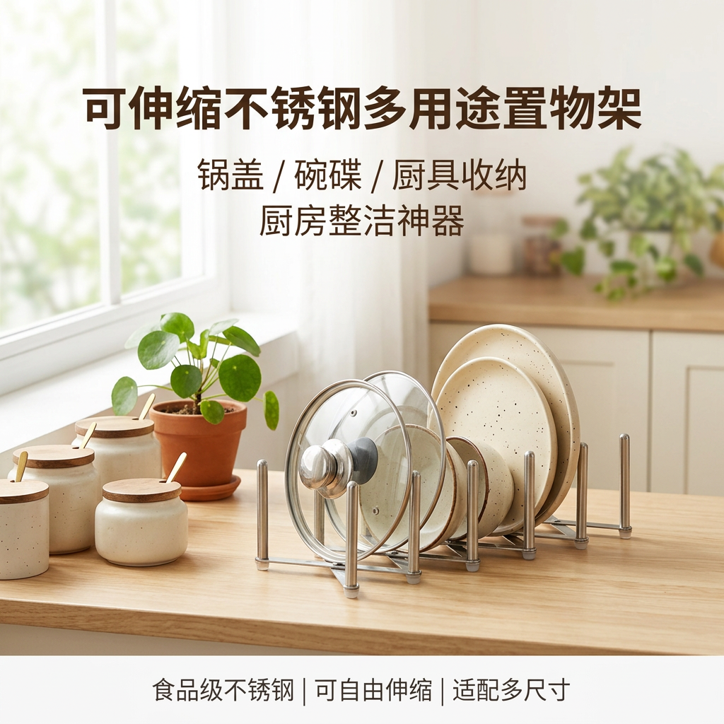 PINGUIFEI伸缩锅盖架瓦瑞拉304不锈钢碗碟杯菜板收纳厨房放置物架