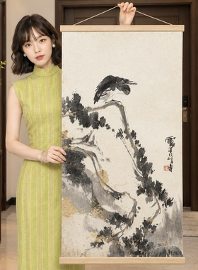 鸟国画卷轴装饰画电表箱遮挡新中式中古风客厅玄关走廊挂画幽栖图