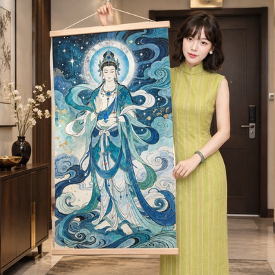 菩萨观音文殊地藏普贤卷轴装饰画电表箱遮挡新中式客厅玄关挂画