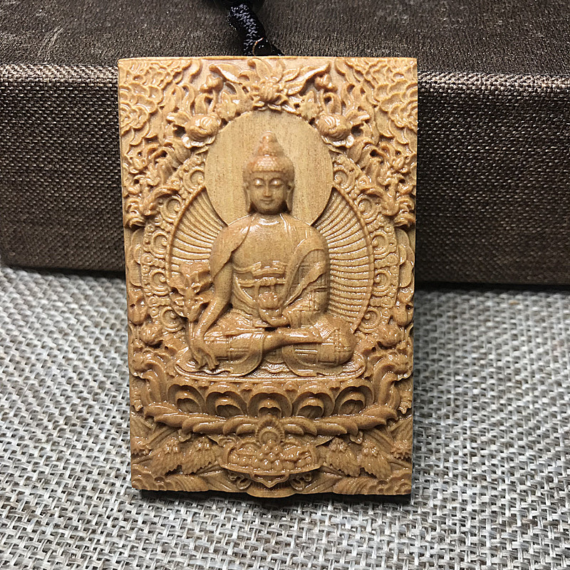 小盒子芭比檀香药师佛琉璃本命佛红木雕刻平安扣佛牌挂件吊坠项链