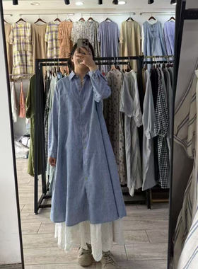 22345日系文艺宽松显瘦条纹衬衫裙百搭减龄洋气连衣裙过膝长裙女