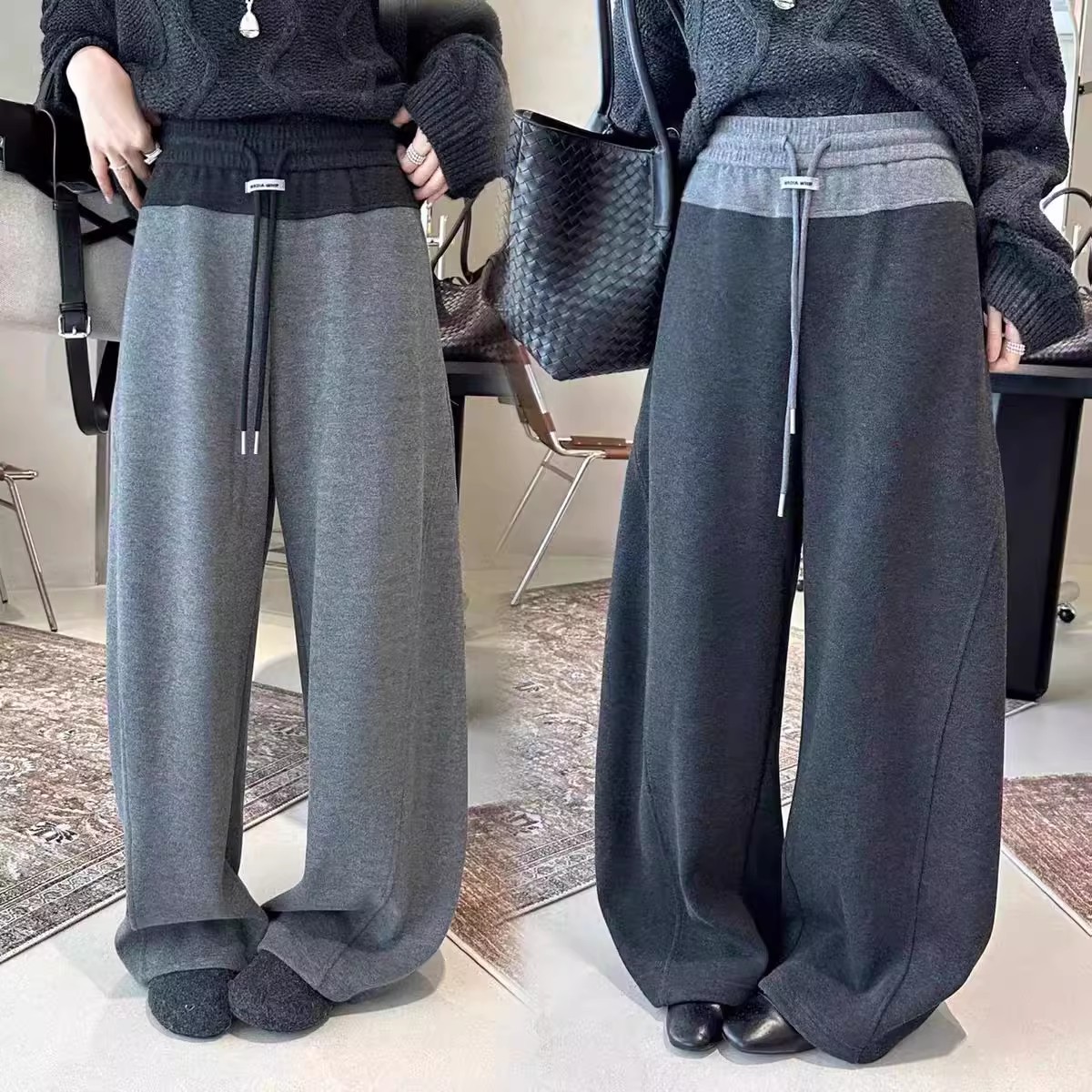 弯刀裤松紧腰系带垂感窄版阔腿裤