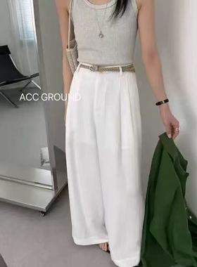 22825设计感半松紧腰一粒扣阔腿裤百搭显瘦天丝麻垂感长裤拖地裤