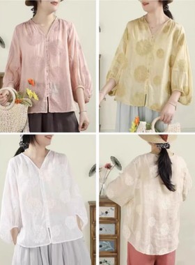 22697轻奢重工刺绣V领苎麻小衫水滴灯笼袖显瘦百搭绣花上衣衬衣女