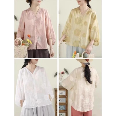 刺绣V领苎麻小衫水滴灯笼袖显瘦