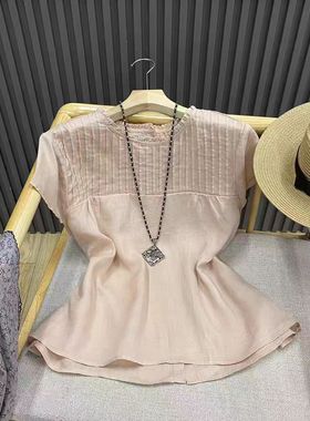 22796木耳边风琴压褶苎麻短袖衬衫法式套头百搭别致薄款减龄上衣