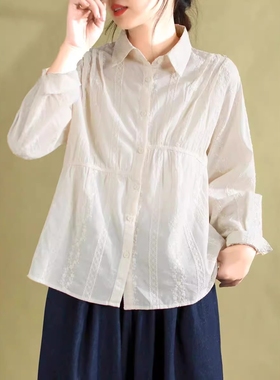 20987春季新款纯色简约文艺刺绣拼接设计翻领长袖衬衫显瘦衬衣女