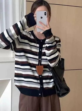 22258早春新款圆领撞色减龄条纹针织衫慵懒风宽松显瘦开衫外套女