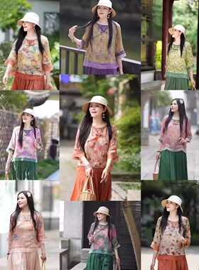 19232小莲~设计感贴布撞色欧根纱拼圆领绣花苎麻小衫刺绣衬衣上衣