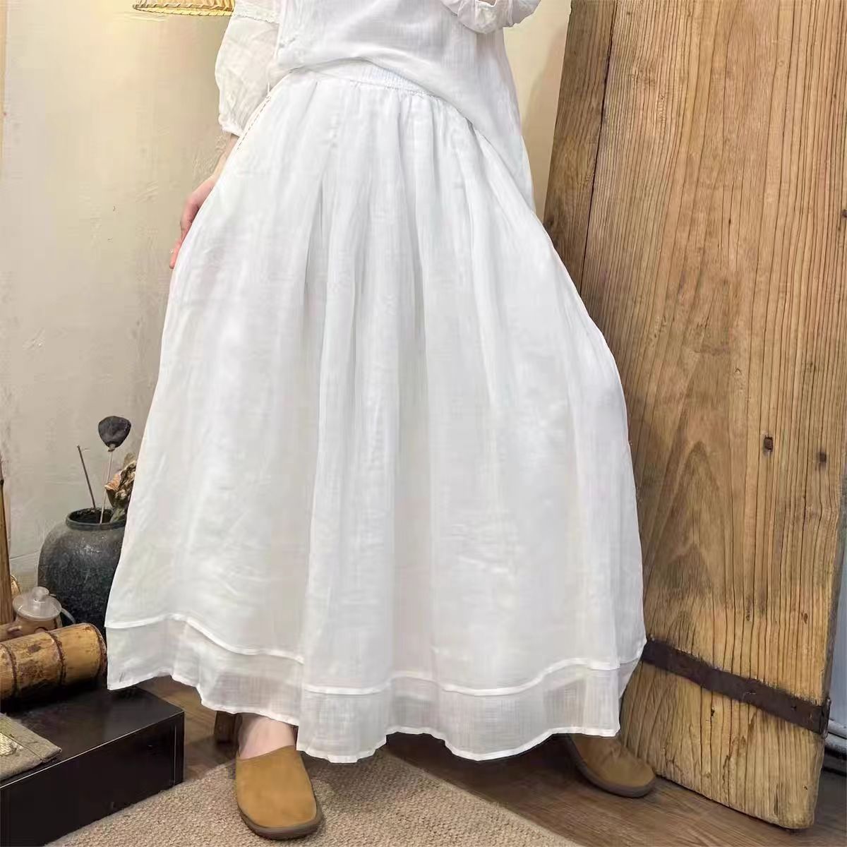 手工捏褶双层苎麻A字裙半身裙女