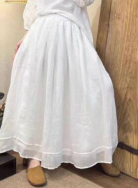 19411小莲~手工捏褶双层精细苎麻半身裙拼接设计A字裙大裙摆半裙