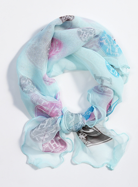 蓝色字母60cm薄款小方巾荷叶边乔其纱丝巾纱巾春夏季女士妈妈丝绸