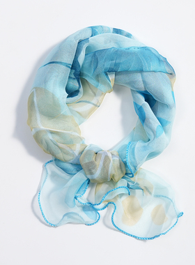 蓝色碎花60cm薄款小方巾荷叶边乔其纱丝巾纱巾春夏季女士妈妈丝绸