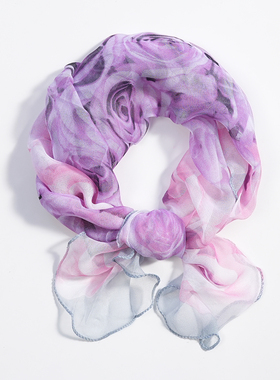 紫色玫瑰60cm薄款小方巾荷叶边乔其纱丝巾纱巾春夏季女士妈妈丝绸