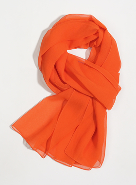 鲜橙色纯色乔其纱小丝巾薄款丝绸妈妈中年春秋夏季女长款纱巾百搭