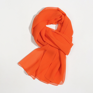 鲜橙色纯色乔其纱小丝巾薄款丝绸妈妈中年春秋夏季女长款纱巾百搭