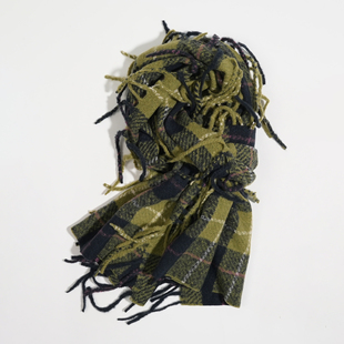 窄版黑绿色格子粗流苏复古仿羊绒加厚长围巾披肩两用韩版男女围脖